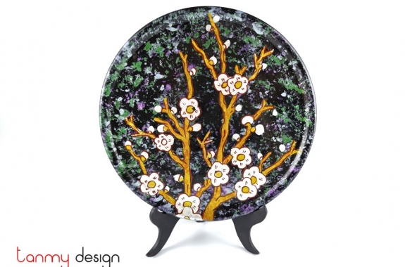 Round lacquer dish hand-painted with peach blossom included with stand Φ27 cm